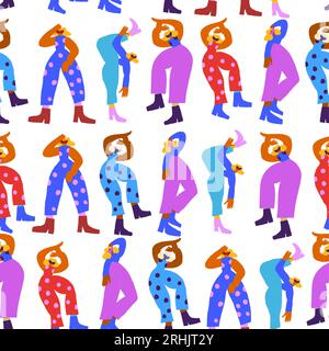 Nahtloses Vektor-Muster mit tanzenden Disco-Leuten, die farbenfrohe Kleidung tragen, Muster im Vintage-Stil der 80er Jahre. Retro-Party-Hintergrund. Vektorillustration Stock Vektor
