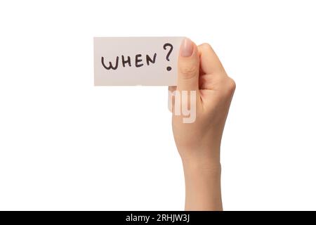 Wenn Text auf einer Karte in einer Frauenhand auf einem weißen Hintergrund isoliert ist. Stockfoto