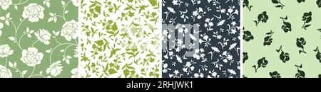 Set aus vier Blumenmustern mit Blumen und Blättern in Grün, Blau und weiß. Nahtlose Blumenmuster mit Vektor Stock Vektor