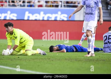 Szczecin, Polen. Aug. 2023. Gents Tarik Tissoudali sieht während eines Fußballspiels zwischen dem polnischen Pogon Szczecin und der belgischen KAA Gent am Donnerstag, den 17. August 2023, in Szczecin, dem zweiten Leg der dritten Qualifikationsrunde für den UEFA Europa Conference League-Wettbewerb, deprimiert aus. BELGA PHOTO TOM GOYVAERTS Credit: Belga News Agency/Alamy Live News Stockfoto