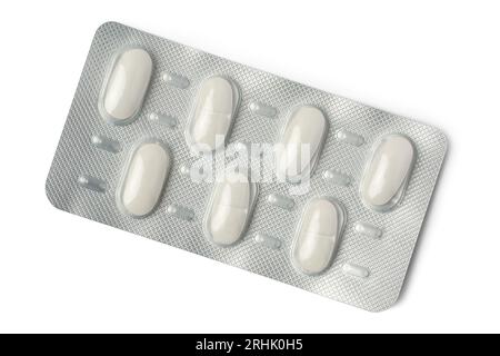 Nahaufnahme von weißen Tabletten in Blisterpackungen, Medikamenten gegen Allergien, Antibiotika, Schmerzmittel, Packungen für Tabletten isoliert auf weißem Hintergrund Stockfoto