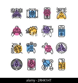 Symbole für NFT-Farblinien festgelegt. Digitale Krypto-Kunst Piktogramme für Webseite. Stock Vektor