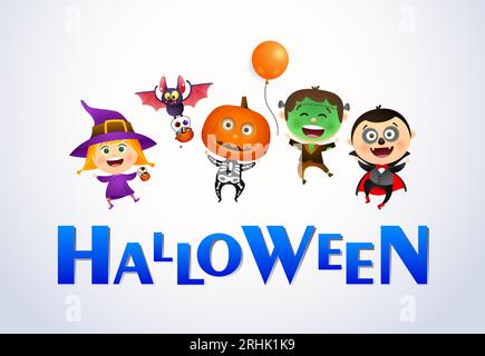 Halloween-Schriftzug und fröhliche Kinder in Monsterkostümen Stock Vektor
