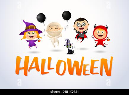 Halloween-Schriftzug, Kinder in Monsterkostümen und Hexenkatze Stock Vektor