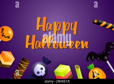 Happy Halloween-Banner mit Süßigkeiten und Urlaubsattributen Stock Vektor