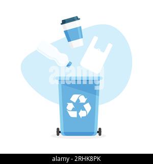 Sammeln von Kunststoffmüll in einem Recyclingbehälter. Sortierung des Papierkorbs. Begriff des Umweltschutzes. Keine Verschmutzung. Vektorillustration. Stock Vektor