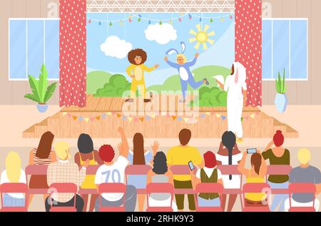 Kinder, die auf der Vektorillustration der Theaterbühne auftreten Stock Vektor