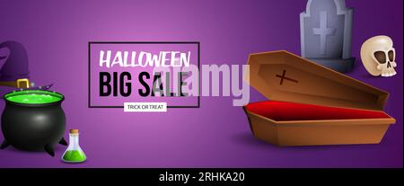 Halloween Sale Bannerdesign mit Trank, Sarg und Grab Stock Vektor