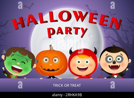 Halloween Party-Schriftzug mit Kindern in Monstermasken Stock Vektor