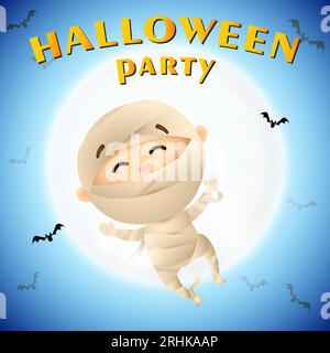 Halloween Party-Schriftzug mit Kind im Mumienkostüm Stock Vektor