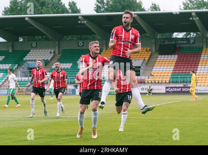 William Patching von Derry City feiert das Tor vom Elfmeterpunkt für das erste Tor seiner Mannschaft im dritten Qualifikationsspiel der UEFA Europa Conference League in Tallaght Stadum, Dublin. Bilddatum: Donnerstag, 17. August 2023. Stockfoto