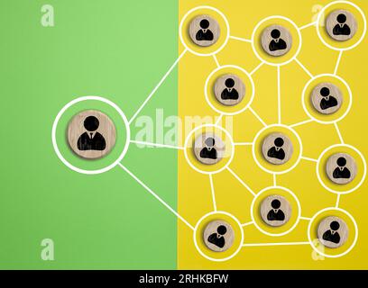 Rundblock aus Holz mit Personalsymbol, das Verbindungsnetzwerk für Organisationsstruktur soziales Netzwerk und Teamwork-Konzept verbindet, Draufsicht Stockfoto