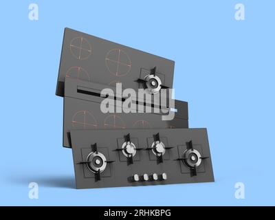 Integrierte elektrische und gasbetriebene Kochflächen 3D-Rendering auf blau Stockfoto