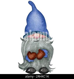 Aquarell-Illustration von niedlichen Familiengnomen in Hüten isoliert auf dem weißen Hintergrund. Stockfoto