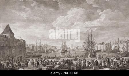 Panoramablick auf den Hafen von Marseille. Aus einem Kupferstich von 1760 von den Graveuren Charles Nicolas Cochin und Jacques-Philippe Le Bas nach dem Gemälde von Claude Joseph Vernet. Stockfoto