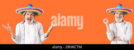 Collage eines glücklichen Reifen mexikanischen Mannes in Sombrero-Hut auf orangem Hintergrund. Banner für Design Stockfoto