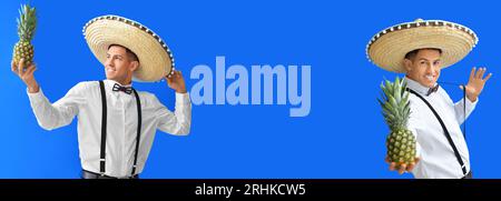 Collage eines jungen Mannes im Sombrero-Hut und mit Ananas auf blauem Hintergrund. Banner für Design Stockfoto