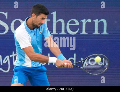 16. August 2023: Novak Djokovic (SRB) besiegte Alejandro Davidovich Fokina (ESP) mit 6:4, 6-0 (RET) bei den Western & Southern Open, die im Lindner Family Tennis Center in Mason, Ohio/USA gespielt wurden © Leslie Billman/Tennisclix/Cal Sport Media Stockfoto