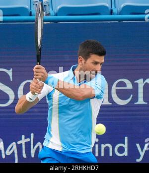 16. August 2023: Novak Djokovic (SRB) besiegte Alejandro Davidovich Fokina (ESP) mit 6:4, 6-0 (RET) bei den Western & Southern Open, die im Lindner Family Tennis Center in Mason, Ohio/USA gespielt wurden © Leslie Billman/Tennisclix/Cal Sport Media Stockfoto