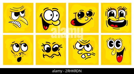 Lustige Comic-Gesichter auf gelbem Hintergrund. Gelbe Gesichter von Menschen. Vektorillustration Stock Vektor