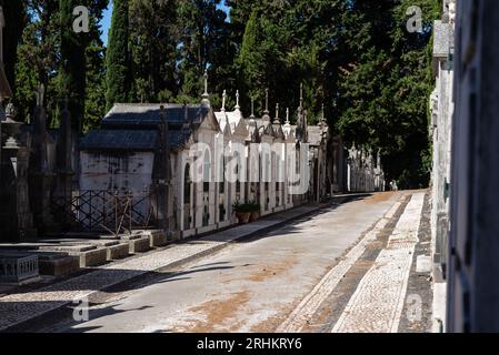 Lissabon Portugal. 08/2023/17: Blick auf den Prazeres-Friedhof ist ein katholischer Friedhof, der 1833 der größte Friedhof Lissabons ist. Stockfoto