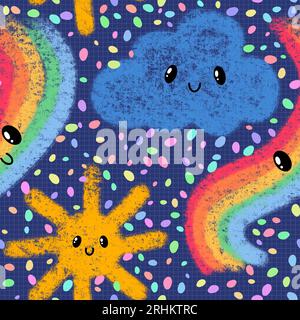 Cartoon-Sonne, Regenbogen und Wolken nahtloses Kritzelmuster für Geschenkpapier und Stoffe sowie Kinderkleidung Stockfoto