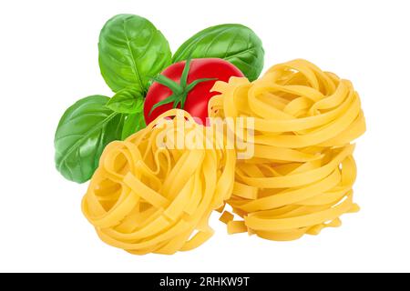 Rohe Tagliatelle Pasta isoliert auf weißem Hintergrund mit Beschneidungspfad und voller Schärfentiefe Stockfoto