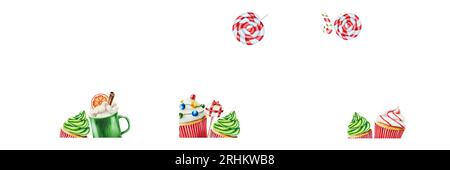 Aquarellpostkarte mit Weihnachts-Creme-Muffins, Karamellstöcken, Süßigkeiten, Eis. Neujahr Handmalerei grün und rot Cupcakes isoliert auf Stockfoto
