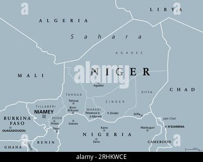 Niger, Binnenland in Westafrika, graue politische Landkarte mit Grenzen, Regionen, Hauptstadt Niamey und den größten Städten. Die Republik Niger. Stockfoto