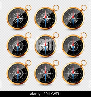 Klassischer Kompass, mariner Wind Rose mit Kardinalrichtungen von Norden, Osten, Süden, Westen. Realistischer goldener Navigationskompass, glänzendes Metall Stock Vektor