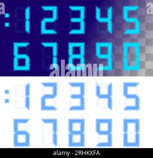 Taschenrechner digitale Zahlen auf weißem und dunkelblauem Hintergrund mit transparentem Effekt. Elektronische Figuren für Interface Design verschiedene Typen von Devic Stock Vektor