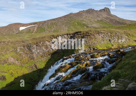 Isländische Landschaft mit kleinem Wasserfall, der zwischen grünen Hügeln und Felsen verläuft, die mit hellgrünem Moos bedeckt sind. Wunderschöne Landschaft auf der Halbinsel Saefellsnes Stockfoto