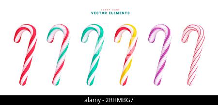 weihnachtsvektorset mit Zuckerrohr. Weihnachtsdekoration mit Zuckerrohr-Elementen in farbenfrohem Streifenmuster für Weihnachtsdekorationen. Stock Vektor