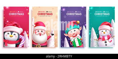 Weihnachtsfiguren Poster Set Vektor-Design. Frohe weihnachten Grußtext mit Weihnachtszeichen im Hintergrund der Postkartensammlung. Vektor Stock Vektor