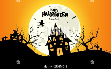 Happy halloween Text Vector Design. Halloween-Horrorszene mit gruseliger Spukvilla und unheimlichem Vollmondhintergrund. Vektor-Illustration gruselig Stock Vektor