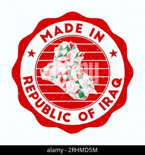 Hergestellt in der Republik Irak. Länderstempel. Siegel der Republik Irak mit Grenzform. Vintage-Abzeichen mit kreisförmigem Text und Sternen. Stock Vektor