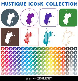 Mustique Icons Kollektion. Farbenfrohe, trendige Kartensymbole. Modernes Mustique-Emblem mit Inselkarte. Vektorillustration. Stock Vektor