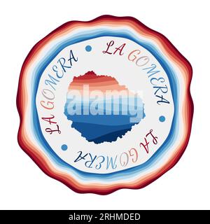 La Gomera-Emblem. Karte der Insel mit wunderschönen geometrischen Wellen und leuchtend blauem Rahmen. Lebhaftes rundes La Gomera-Logo. Vektorillustration. Stock Vektor