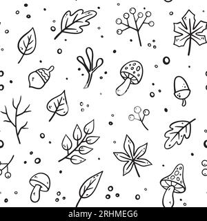 Nahtloses Muster für den Herbst. Vektor-Blumenillustration. Flaches Design im Kritzelstil. Handgezeichnetes Herbstmuster mit Herbstelementen - Pilze, Eichenblätter, Ahornblätter, Herbstblätter, Eicheln, trockene Zweige. Stock Vektor