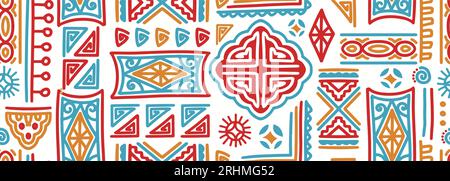 Bunte Hand gezeichnetes nahtloses Stammes-Muster, Vektorkritzelillustration, abstraktes navajo-Ornament, gut für Mode-Textildruck. Stock Vektor