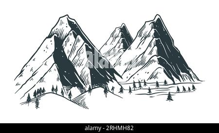 Berglandschaft Hand gezeichnete Vektorillustration, Skizze natürliche Zeichnung Vintage-Stil Handgezeichnete felsige Gipfel schwarz-weiß. Stock Vektor