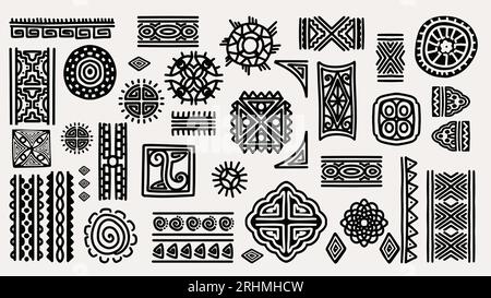 Tribal Hand gezeichnetes Motivset. Vektorillustrationsobjekte. Abstrakte Symbolelementzeichnung. Schwarz-weiß-Farben, die sich leicht ändern lassen. Stock Vektor