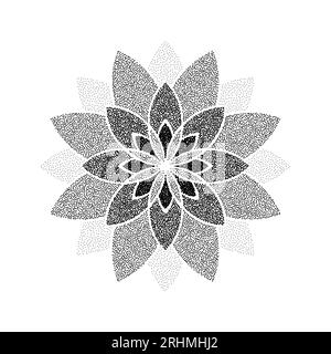 Stipple Blume Hintergrund. Mandala mit gepunkteten Ornamenten. Rauschkornsternform. Abstrakte schwarze Blumenblätter. Dotwork-Design mit radialem Muster für Tätowierung, Poster, Kleidung, Abzeichen, Aufkleber. Vektor Stock Vektor