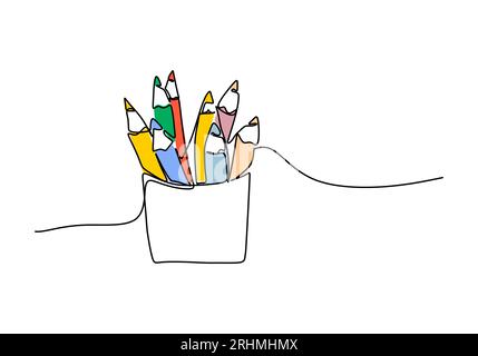 Bleistift - Schulunterrichtsobjekt, einzeilige Zeichnung kontinuierliches Design, Vektorillustration. Stock Vektor