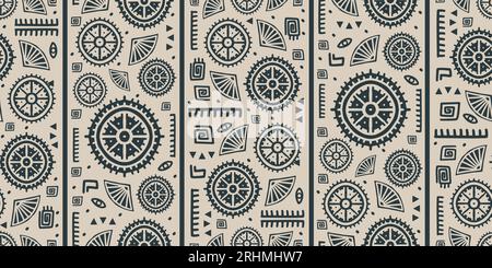 Abstrakte geometrische Formen afrikanischer Stämme, antike traditionelle Symbole und kunstvolle Zeichen mit dekorativen Batikmotiven, handgezeichnet Stock Vektor