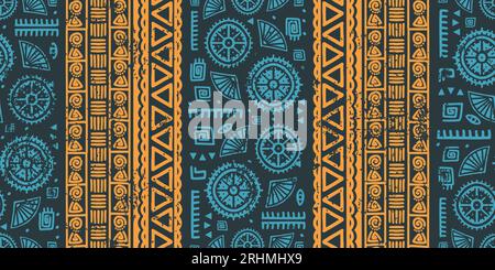 Nahtloses Ikat-Muster mit Ethno-Streifen. Afrikanischer aztekischer Stamm geometrischer Vektorhintergrund, buntes Boho-Motiv mit strukturiertem Ornament, Vektorillustration Stock Vektor