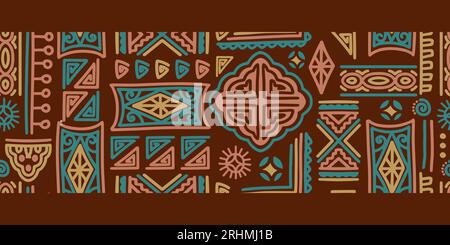 Nahtlose Muster afrikanische Stammesmotive, ethnische Hintergrund Vektor-Illustration. afro-mexikanisches Rahmendesign. Aztekische Batiksymbole. Braune Farben mit Geom Stock Vektor