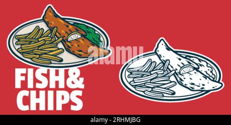 Fisch und Chips - Zeichnung Vektor Illustration, schwarz-weiße Farben, einfache Doodle Hand gezeichnet Stock Vektor