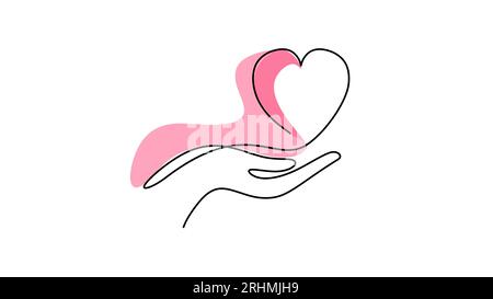 Einzeilige Zeichnung des Liebesherz-Symbols auf der Hand. Stock Vektor
