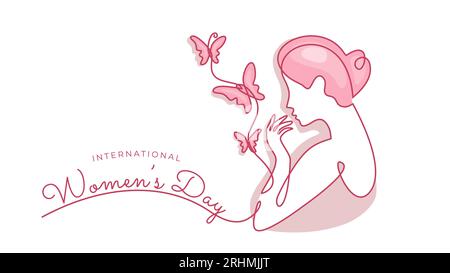 Internationale Tageskarte für Frauen. Vektor-Zeichnung mit einer Linie. Frau mit Schmetterling. Elegantes Design. Stock Vektor